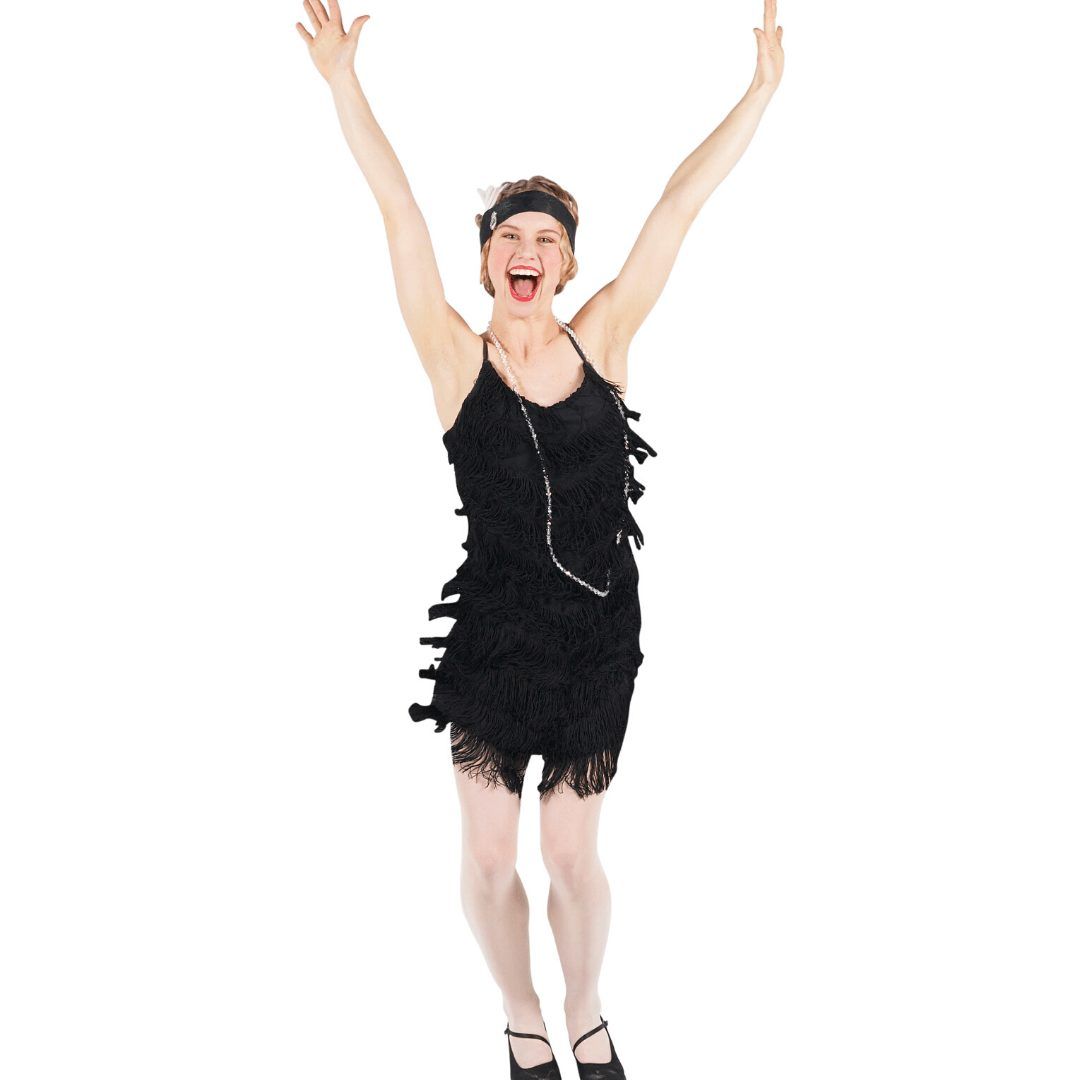 Girl with her hands up wearing a flapper costume