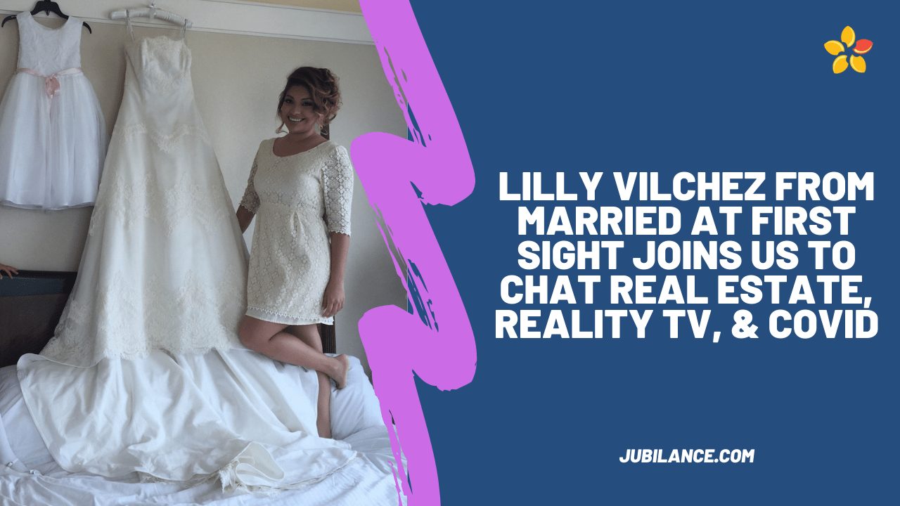 Lily Vilchez from Married at First Sight stands on a bed in a white dress next to her wedding dress.