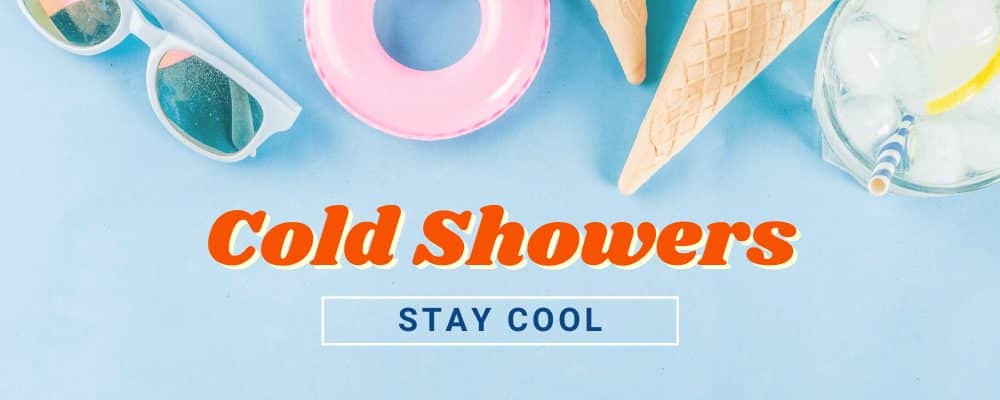 Sunglasses, floaties, ice cream cones, and a lemonade on this graphic about cold showers to stay cool this summer.
