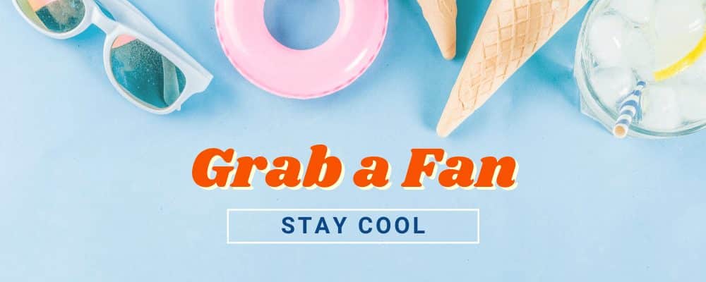 Sunglasses, floaties, ice cream cones, and a lemonade on this graphic about grabbing a fan to stay cool this summer.