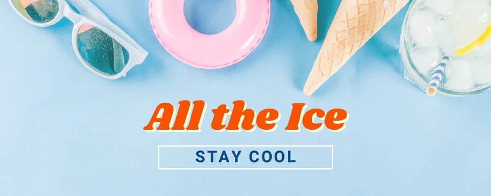 Sunglasses, floaties, ice cream cones, and a lemonade on this graphic about using ice to stay cool this summer.