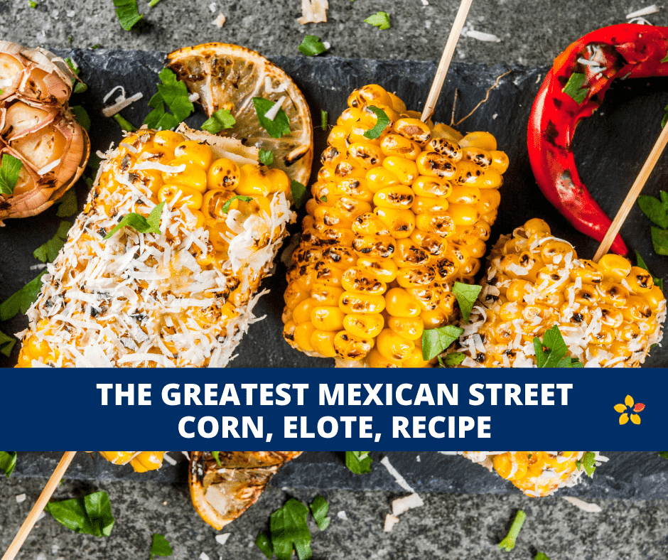 Corn on the cob covered in cheese and cilantro for this elote recipe.