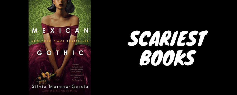 A girl in a red ball gown sits in front of a green backdrop for Mexican Gothic as one of the Scariest Horror Books for Halloween!