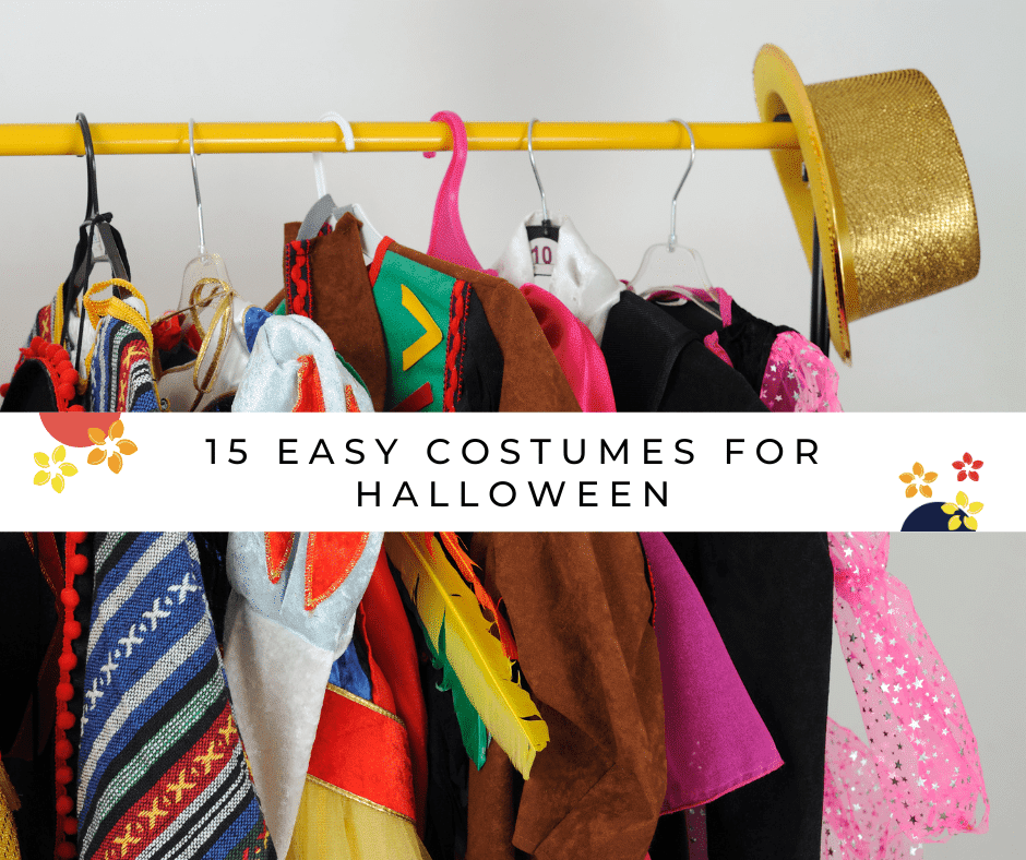 A rack of costumes is displayed as a way to find easy costumes in your closet for halloween