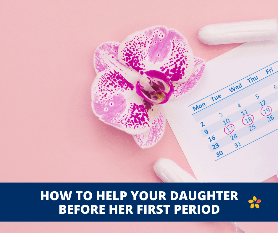 An orchid and calendar with tampons scattered around as a metaphor for how to help your daughter before her first period.