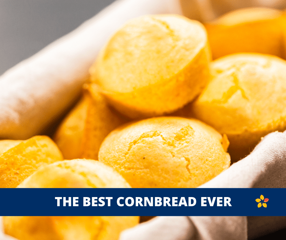 A basket full of cornbread muffins for the recipe for the best cornbread ever.
