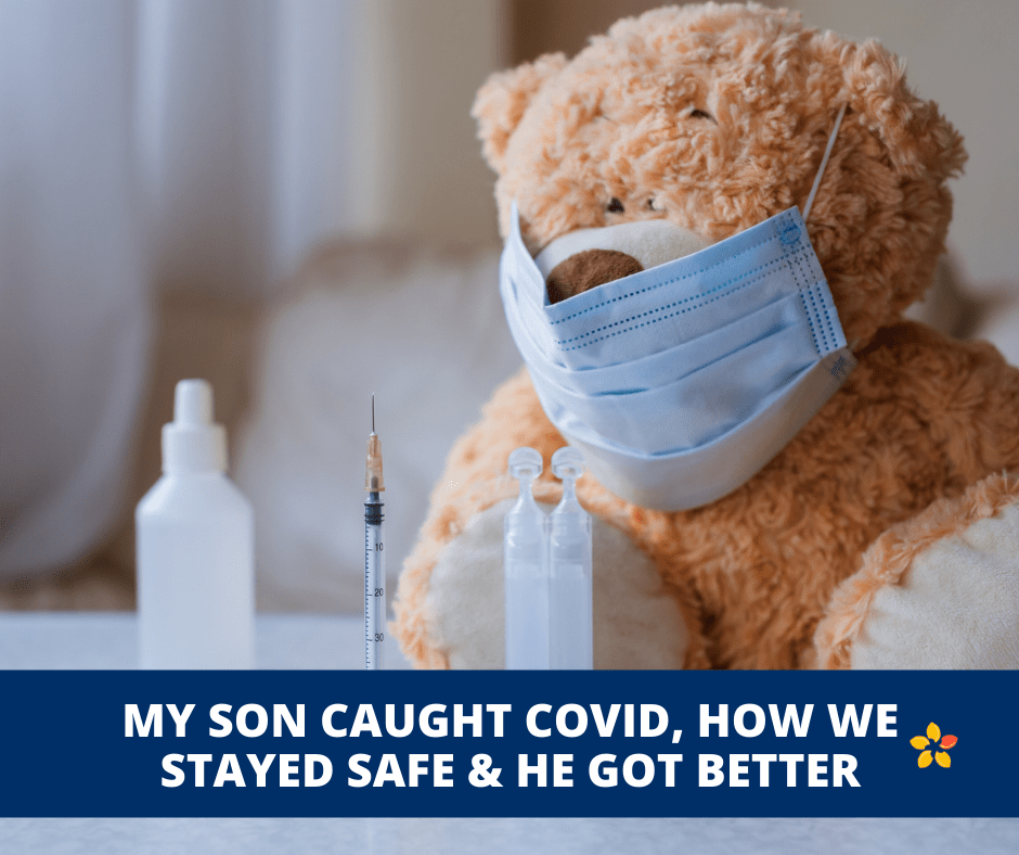 A Teddy Bear in a Mask as a metaphor for our writers son getting COVID