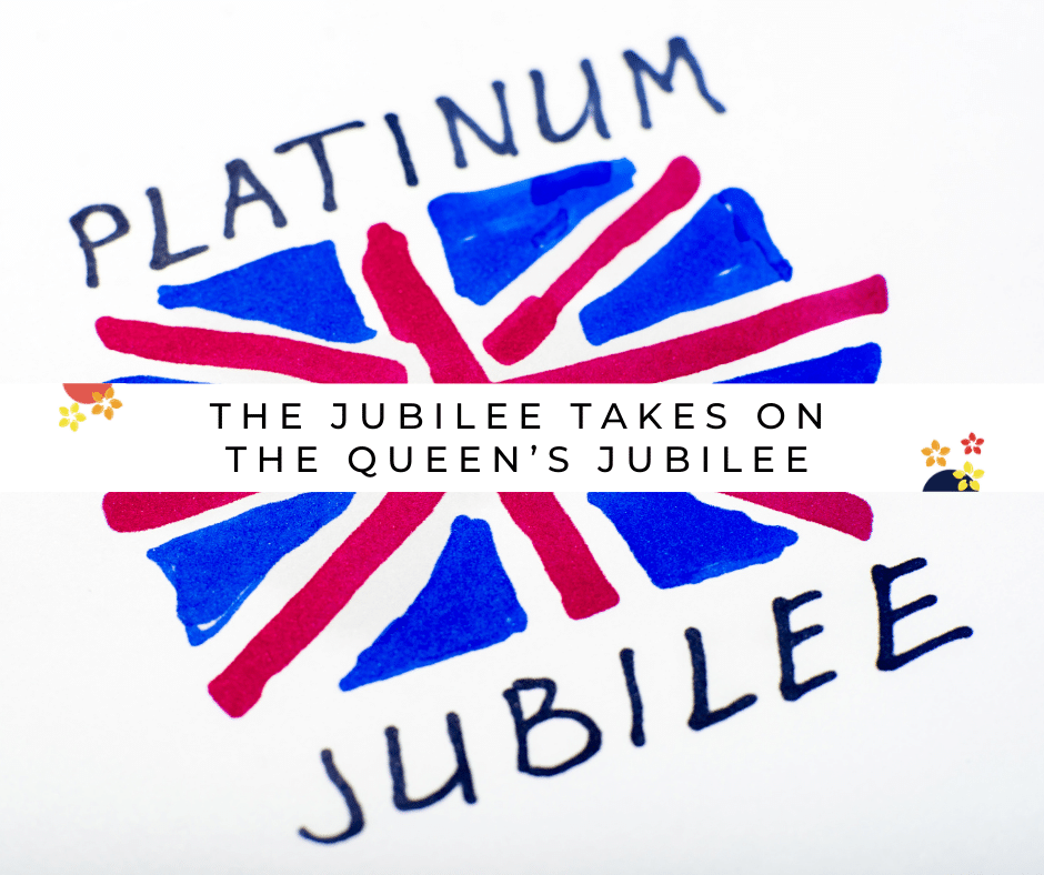 The Union Jack Flag surrounded by the words Platinum Jubilee as a way to talk about how our blog the Jubilee is talking about the Queens Jubilee