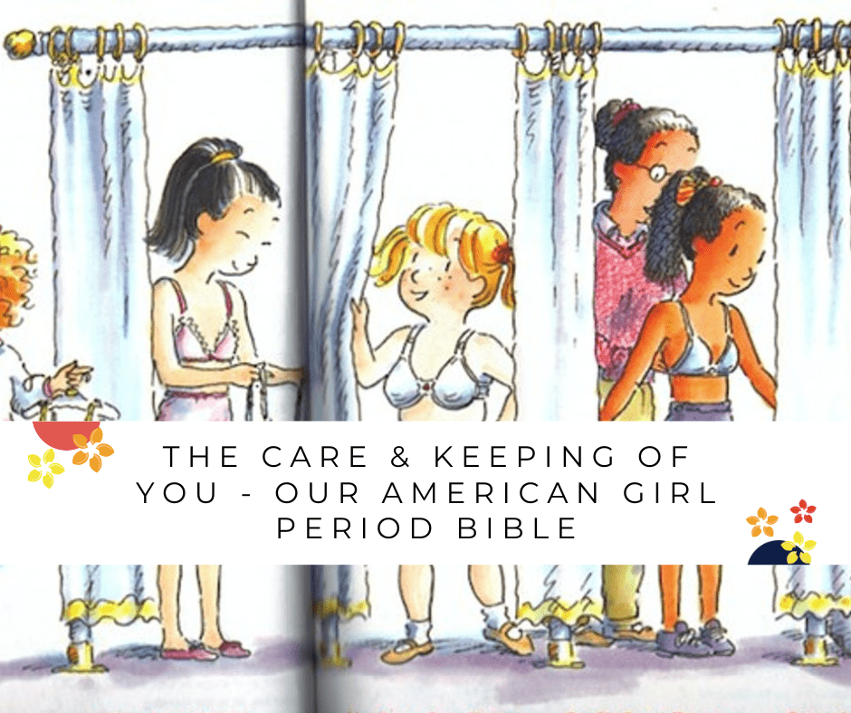A cartoon of girls trying on bras at the store in The Care and the Keeping of you, The American Girl period bible.