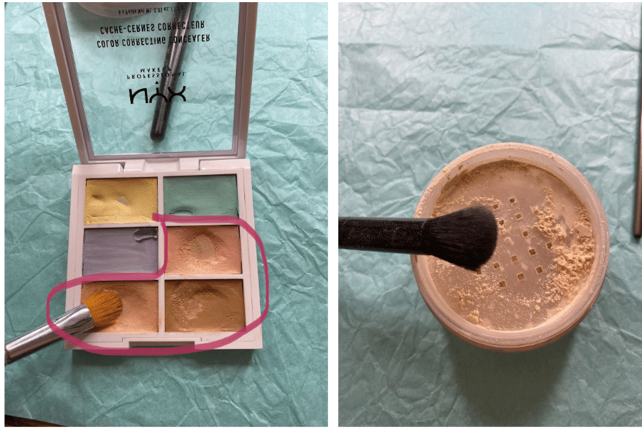 A palette and powder are tools on a table that you can use during a summer makeup tutorial.