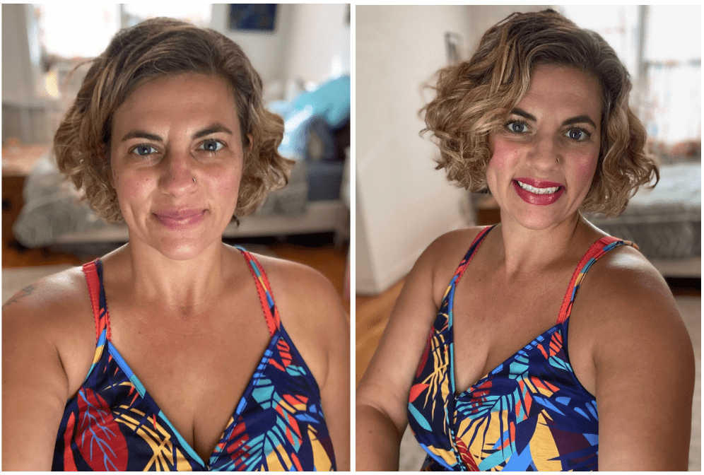 Makeup artist Emma Berley smiles out the camera in before and after pictures from her summer makeup tutorial.