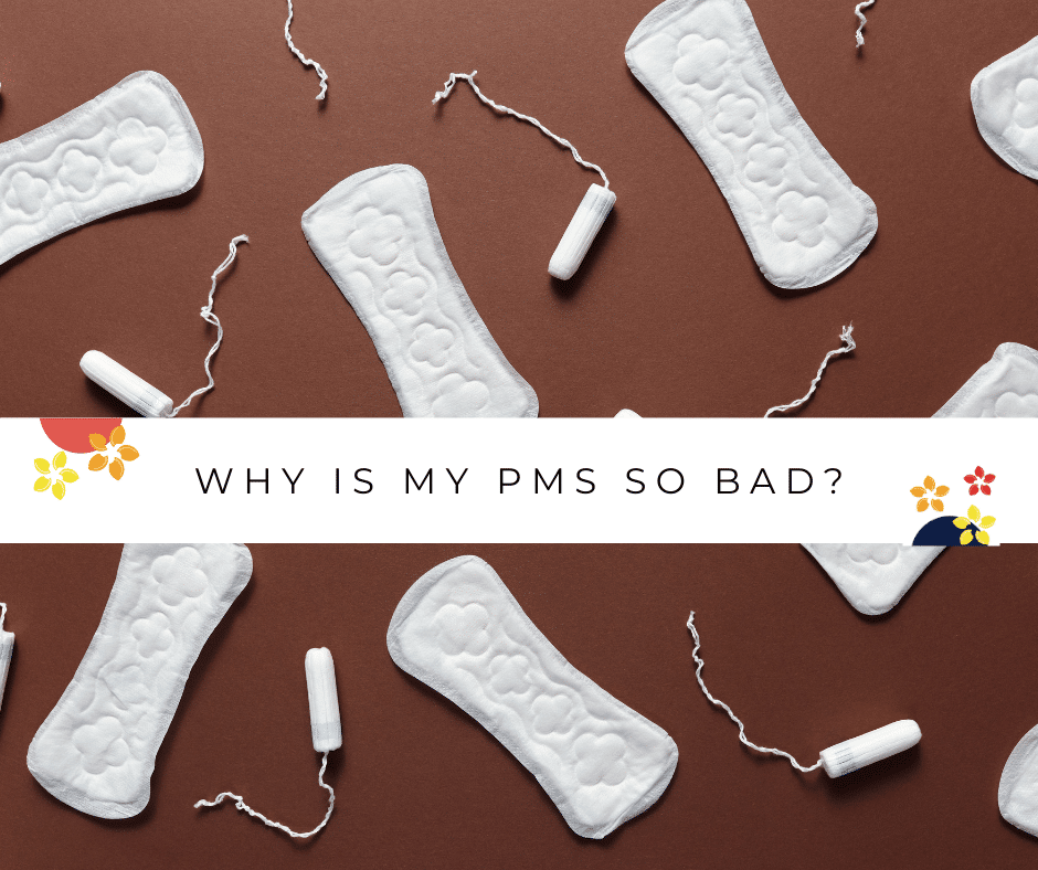 A bunch of pads and tampons in the background as a question of why my pms is so bad