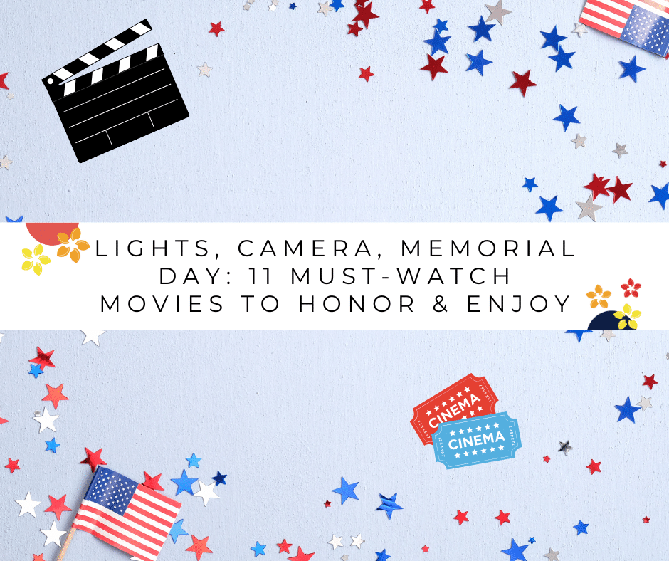 A movie ticket on a background with american flags as a way to talk about the movies you should watch over memorial day