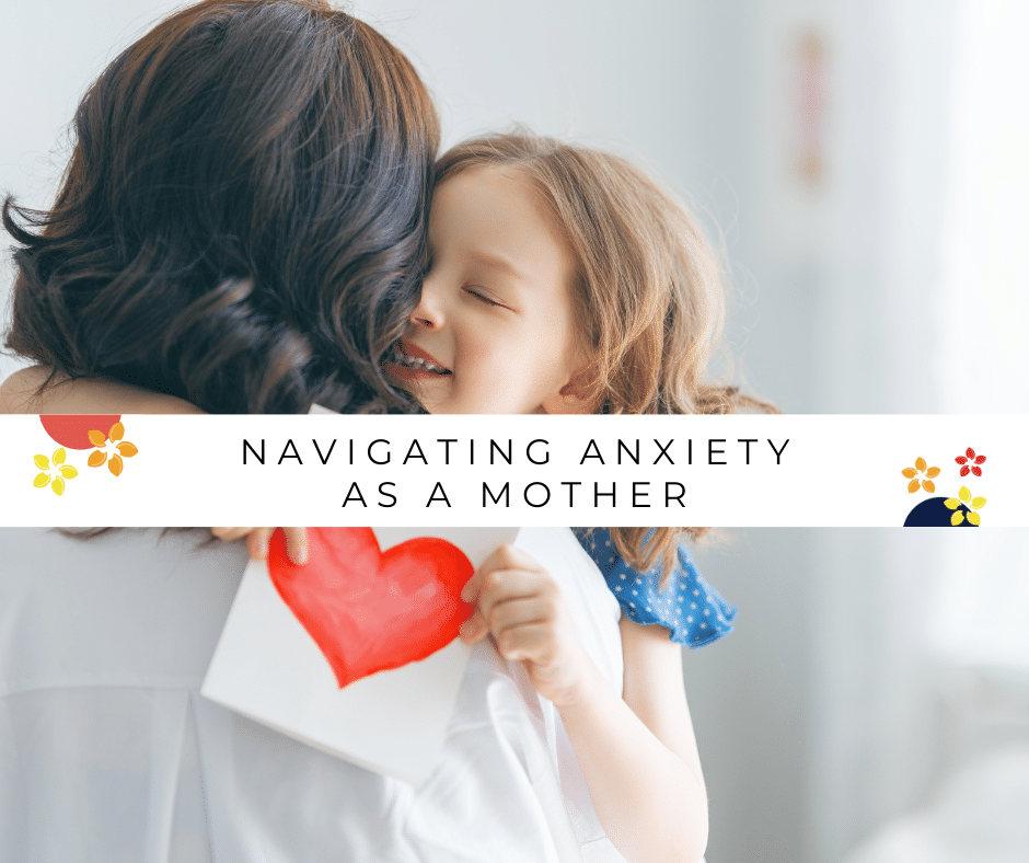 A child hugs a mother as a way to navigate anxiety as a mother.