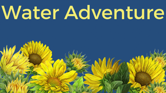 Sunflowers on a blue background with Water Adventures written.