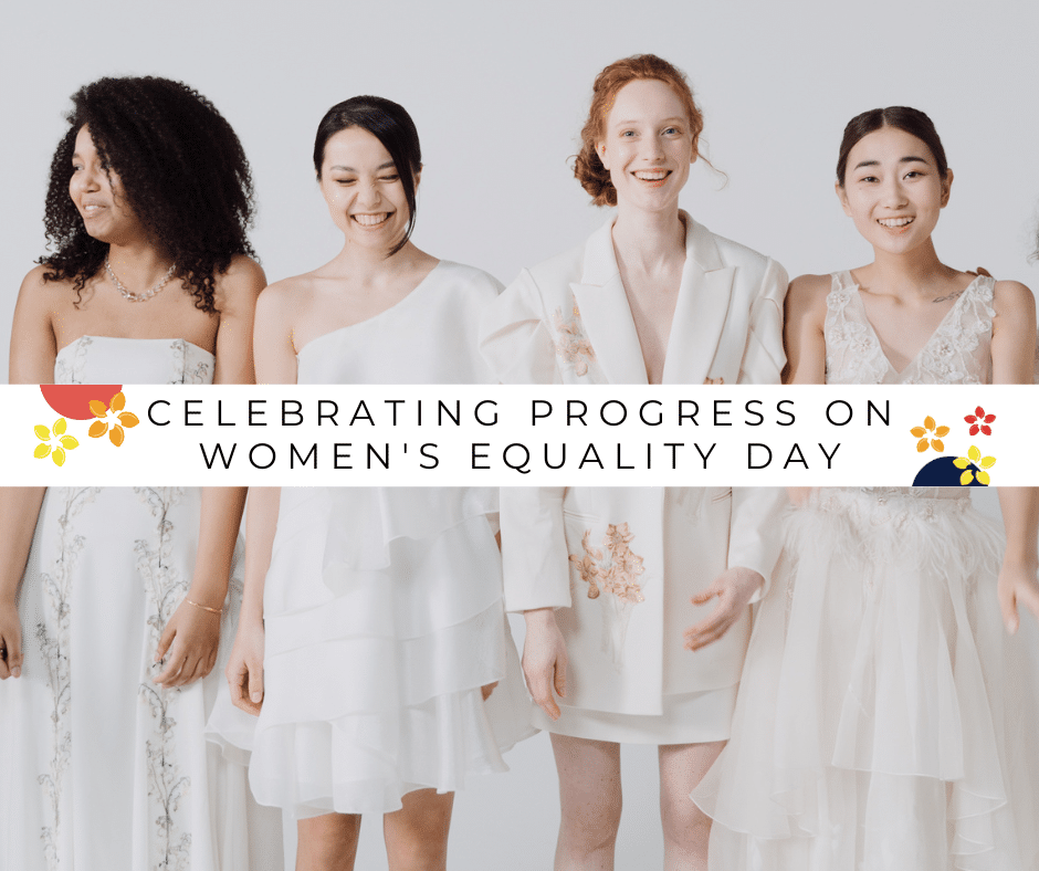 Four different women in white dresses celebrating women's equality day.