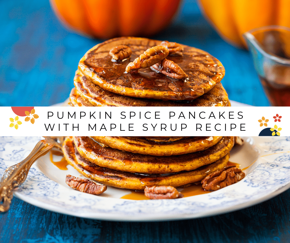 Pumpkin Spice pancakes with maple pecan syrup on a plate.