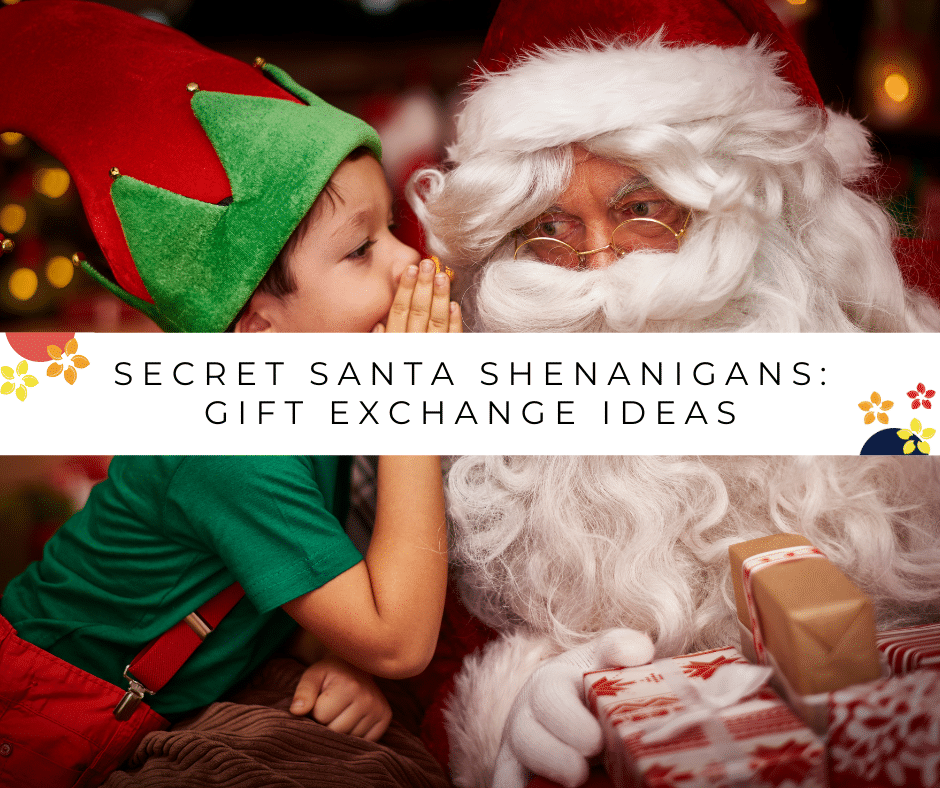 A little boy dressed as an elf whispers in santa's ear