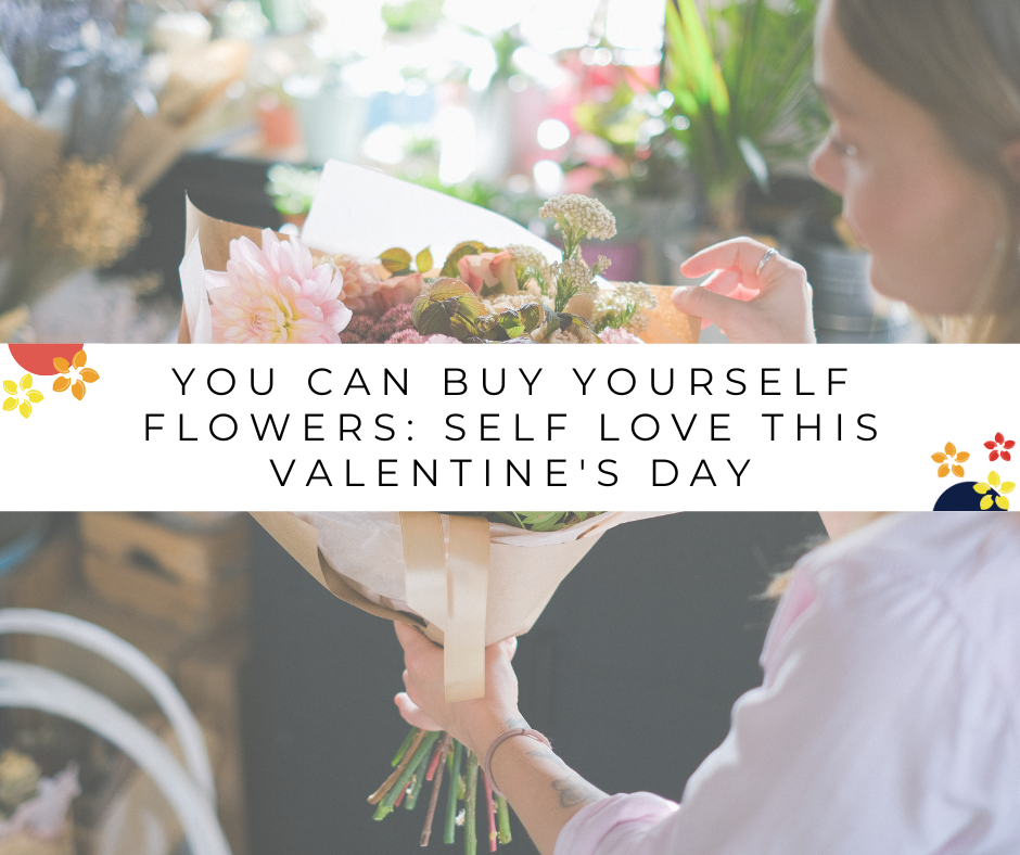 A girl buying herself a bouquet of flowers.